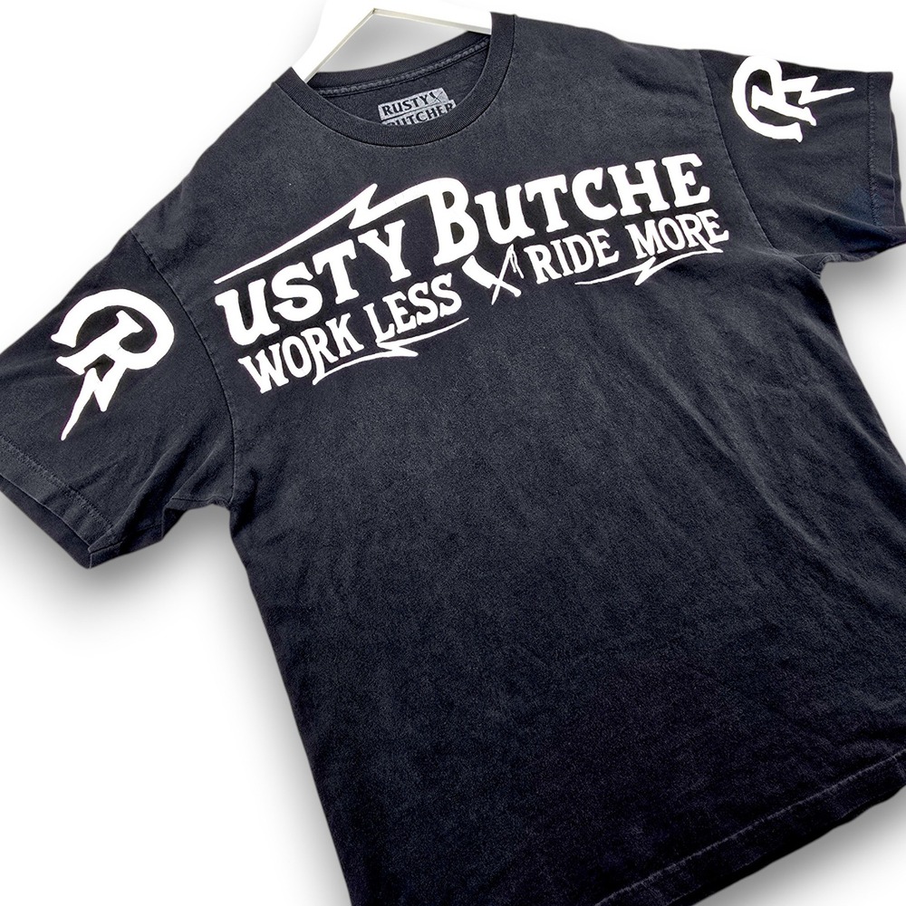 Rusty Butcher Mens XL Black Cotton Graphic T Shirt Work Less Ride More Biker Tee